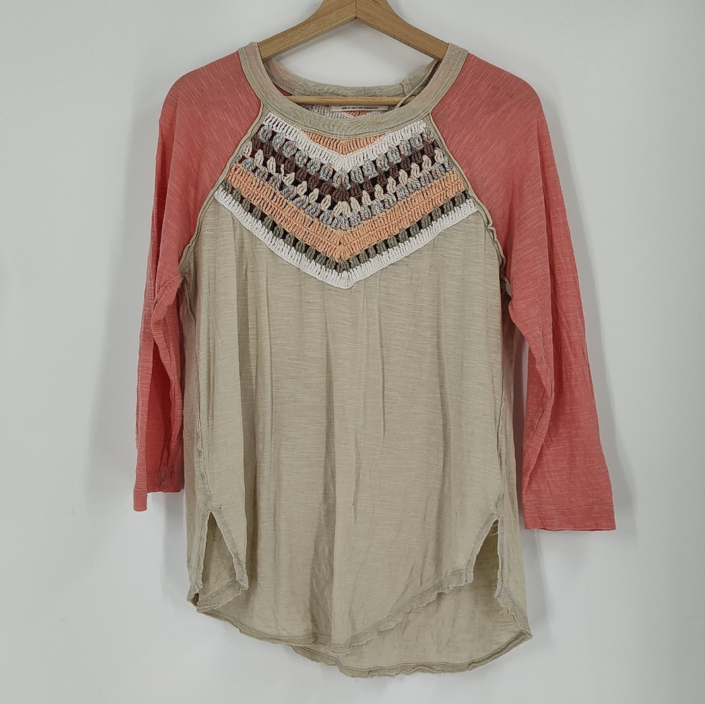 Women's Coral and Beige Crochet Detail Top